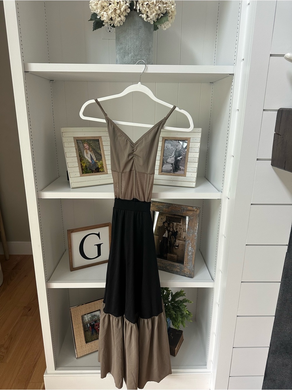 Two-Tone Taupe and Black Spaghetti-Strap Maxi Dress Dance Costume